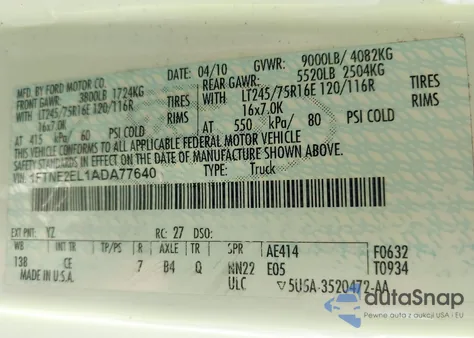 2010 Ford E-250 Commercial/Recreational z USA, uszkodzony, nr VIN 1FTNE2EL1ADA77640